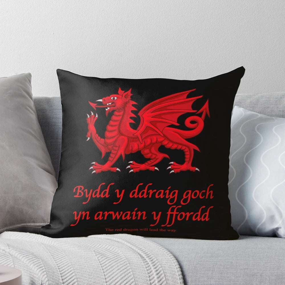 Vibrant red dragon design on a pillow, symbolizing the proud Welsh heritage.