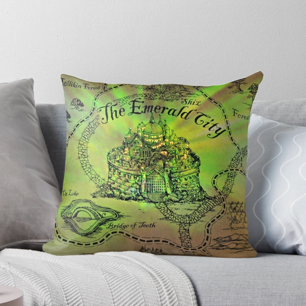 Emerald City-inspired pillow featuring characters from the Broadway musical Wicked