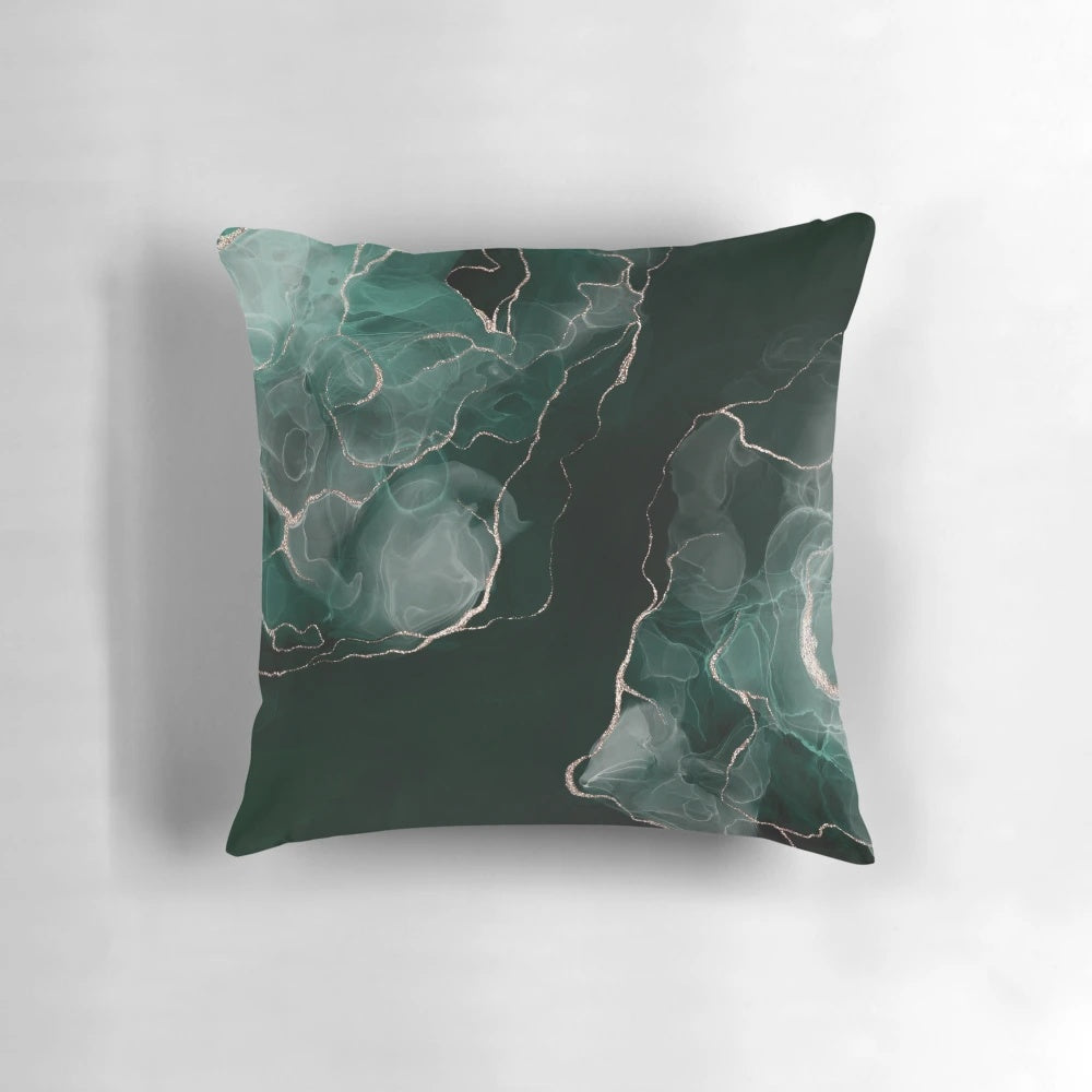 Emerald green abstract art throw pillow with fluid, swirling patterns