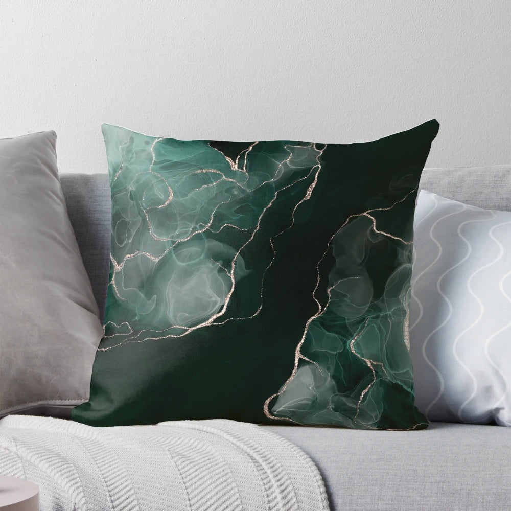 Emerald green abstract art throw pillow with fluid, swirling patterns