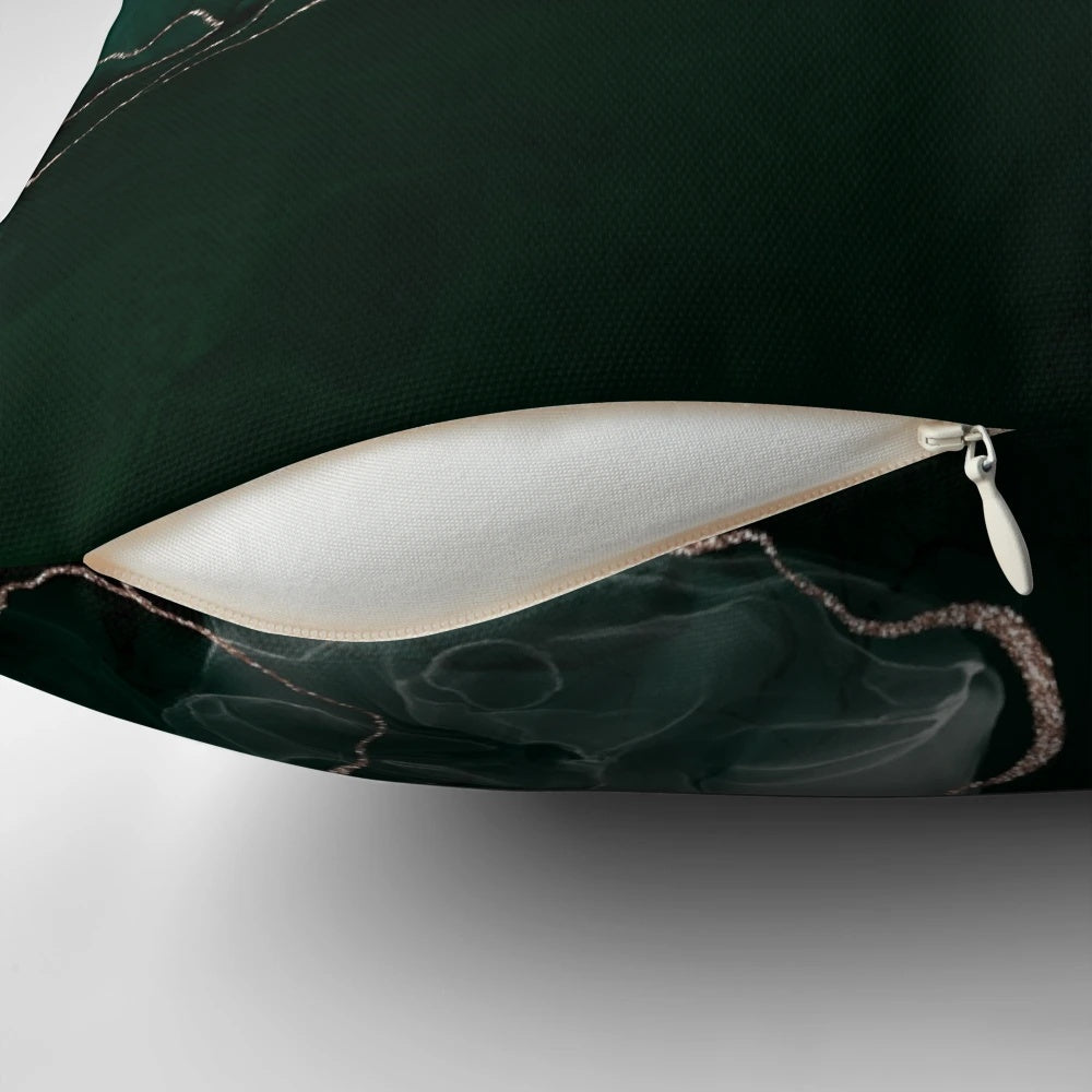 Emerald green abstract art throw pillow with fluid, swirling patterns