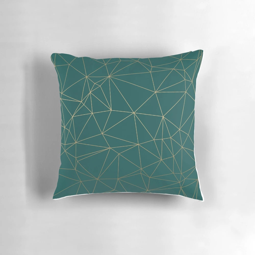 Emerald green and gold geometric pattern pillow with gold shimmer