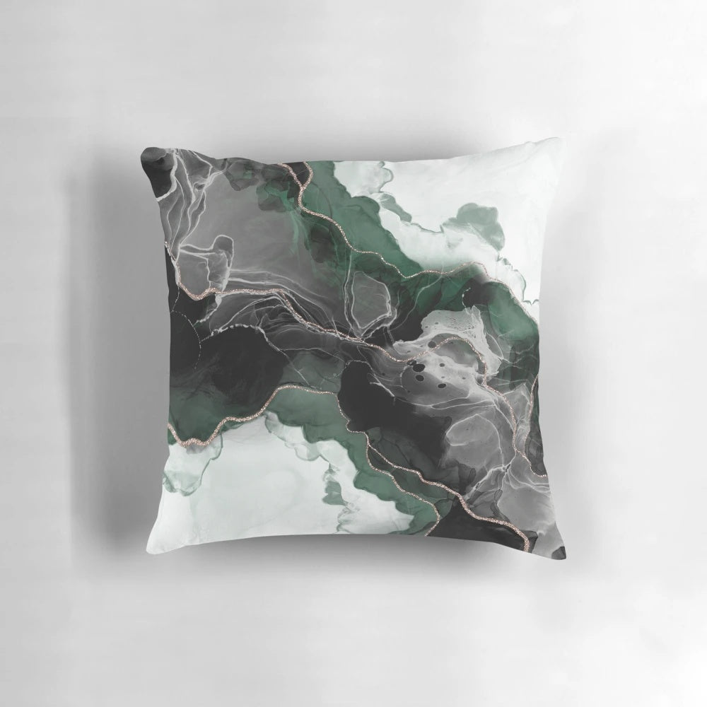 Emerald green and rose gold glitter throw pillow with a modern, abstract design