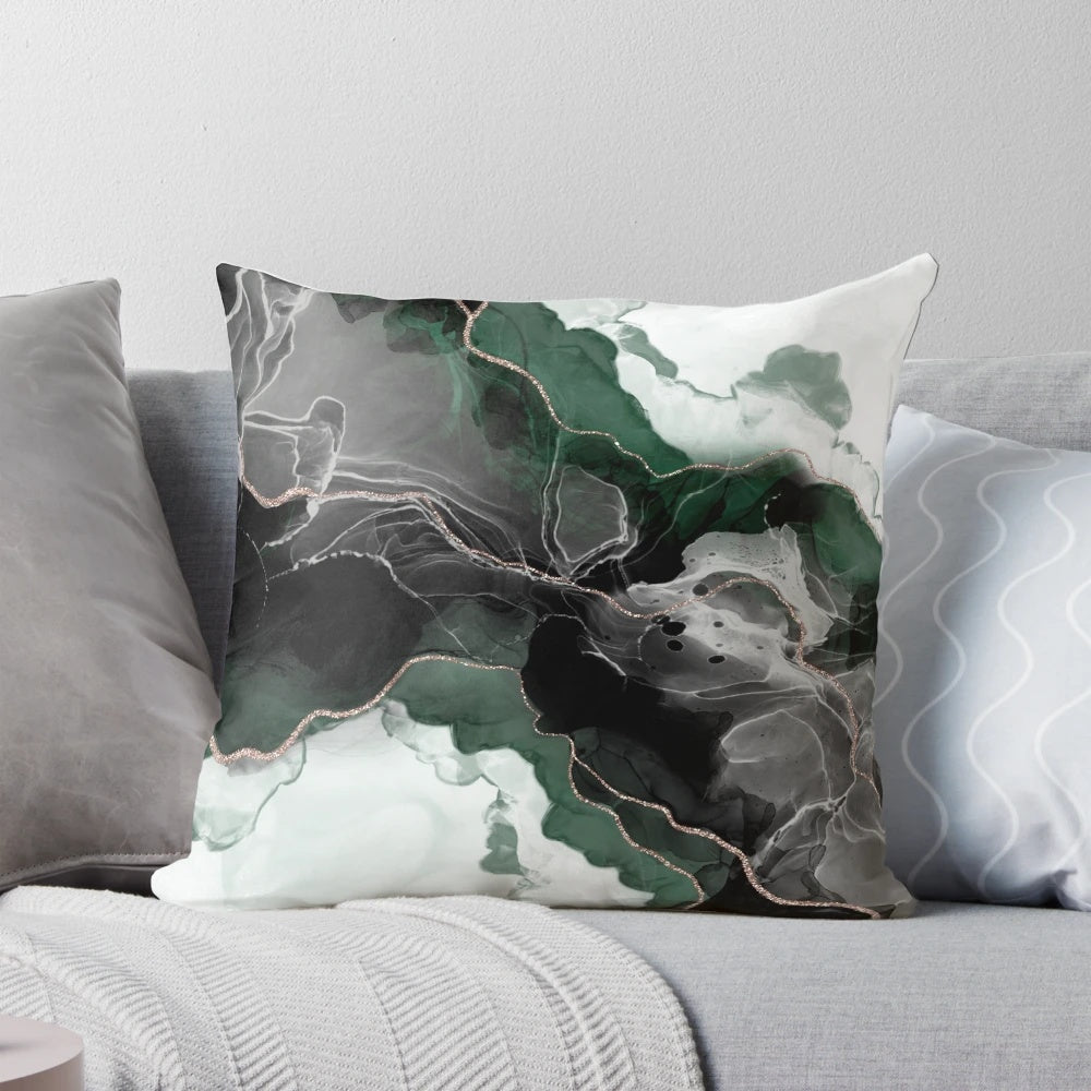 Emerald green and rose gold glitter throw pillow with a modern, abstract design
