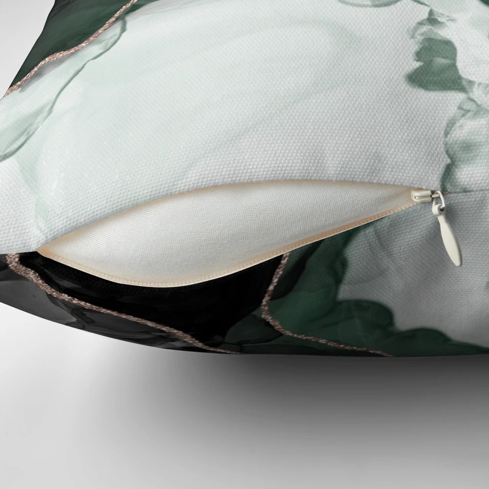 Emerald green and rose gold glitter throw pillow with a modern, abstract design