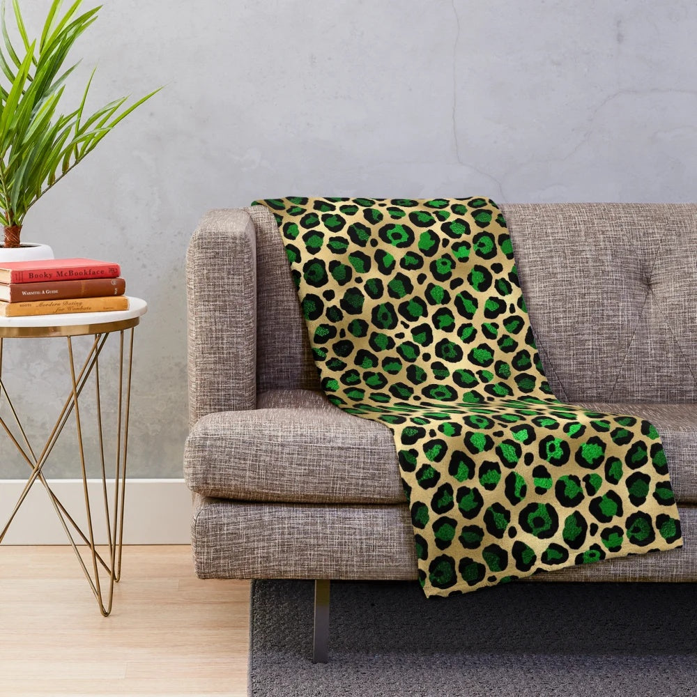 Emerald green leopard print plush blanket