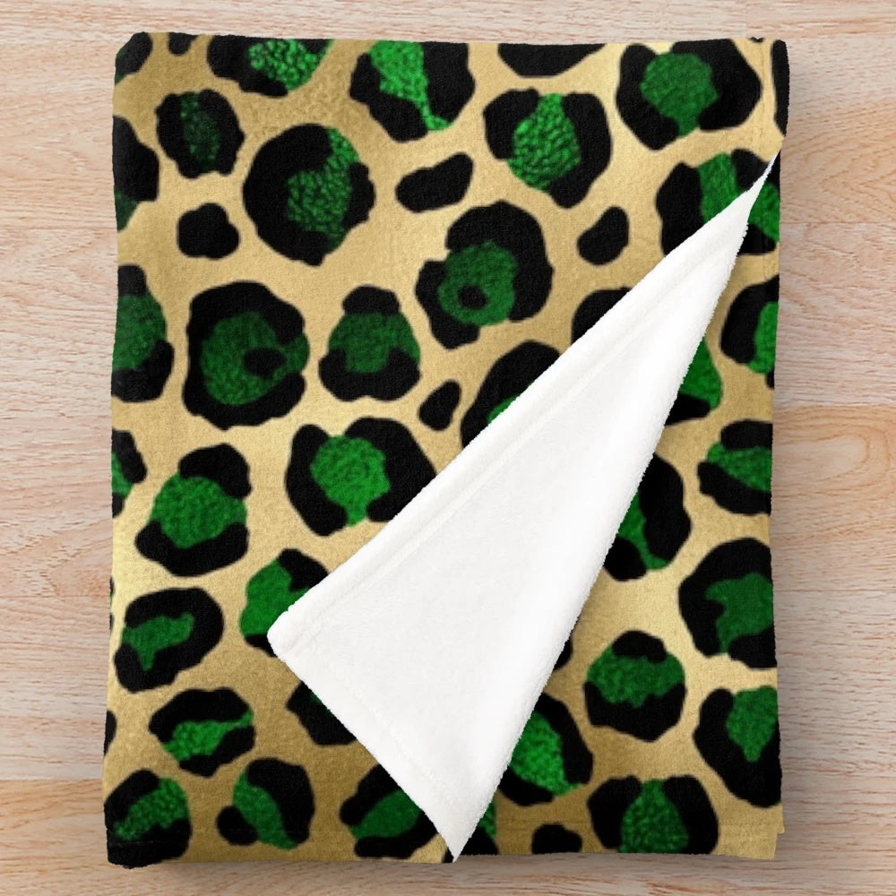 Emerald green leopard print plush blanket
