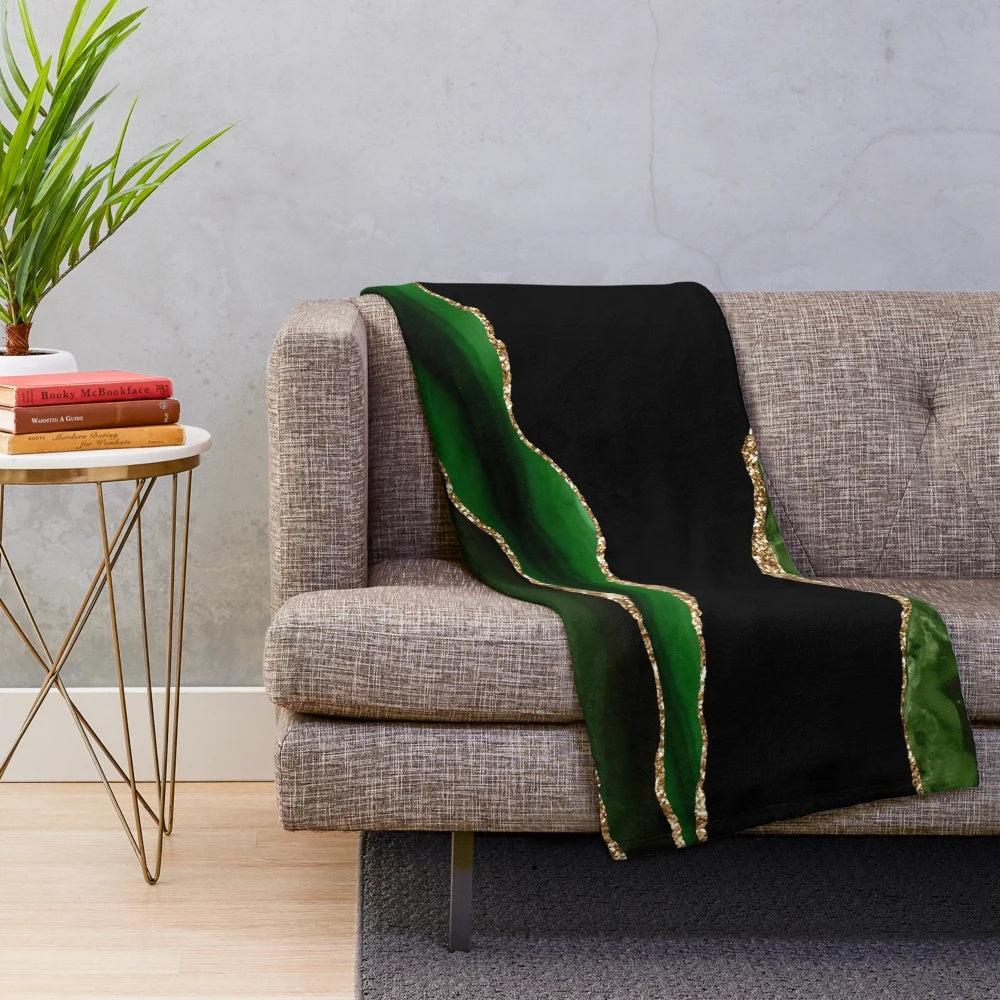 Emerald green plush blanket with faux malachite marble texture