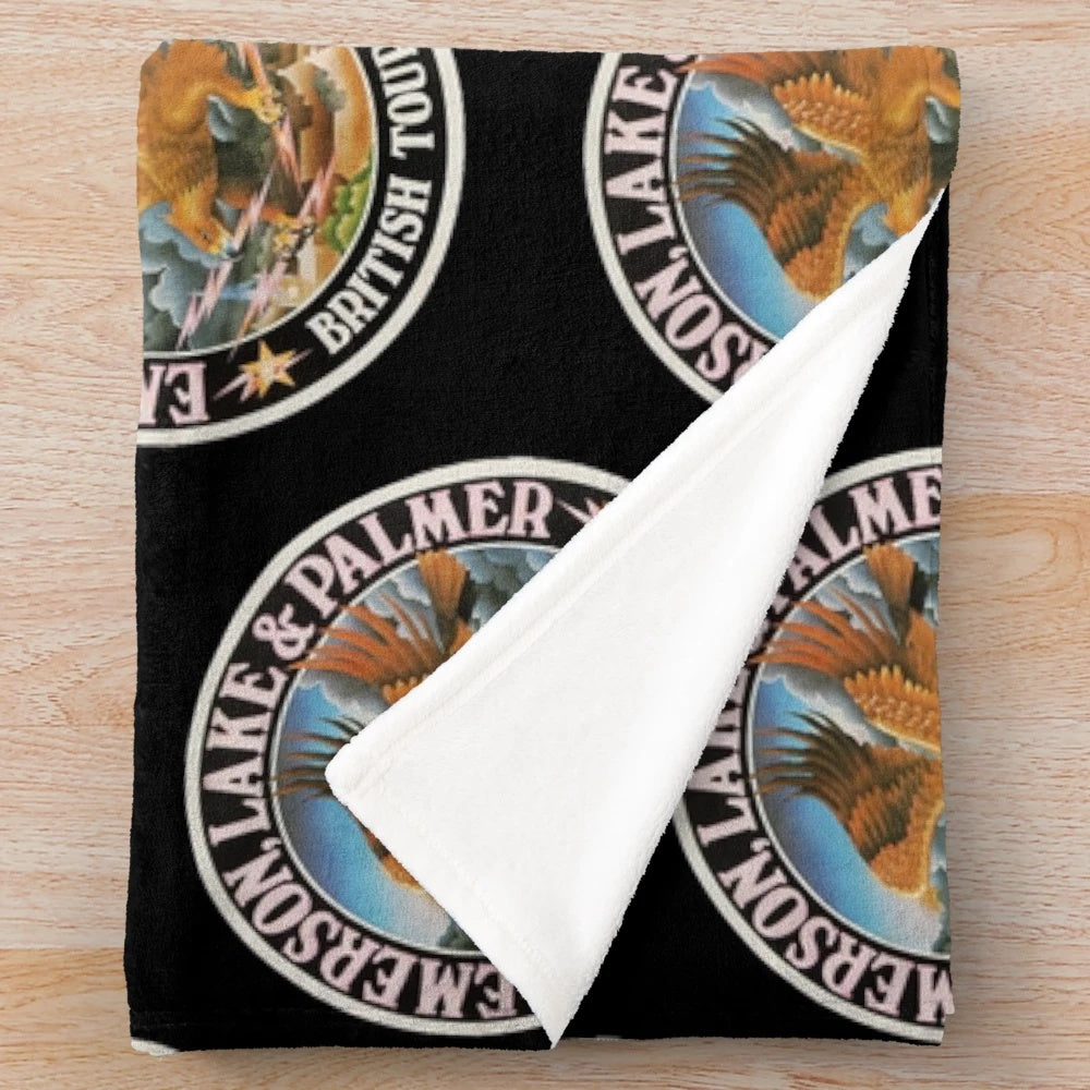 Emerson, Lake & Palmer inspired plush blanket with band logo and British Tour 1974 design
