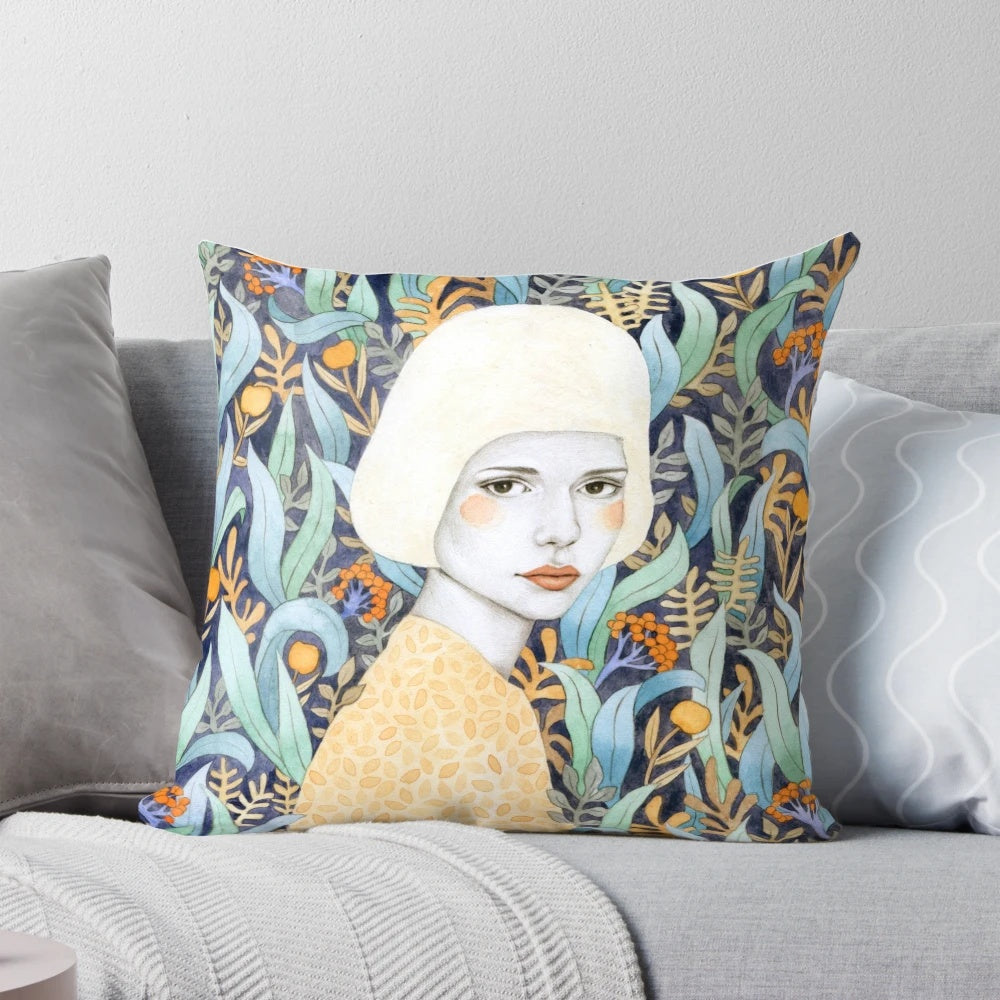 Emilia Pillow featuring a watercolor portrait of a girl surrounded by floral and botanical patterns