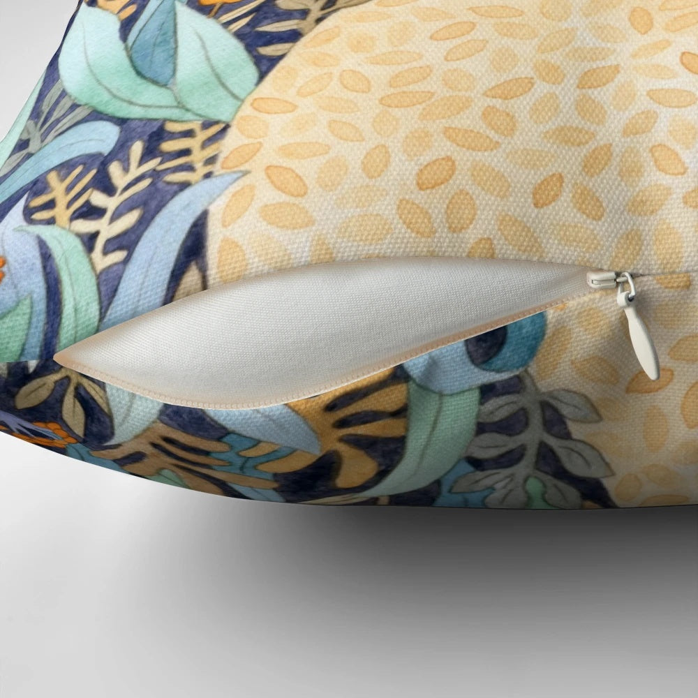 Emilia Pillow featuring a watercolor portrait of a girl surrounded by floral and botanical patterns