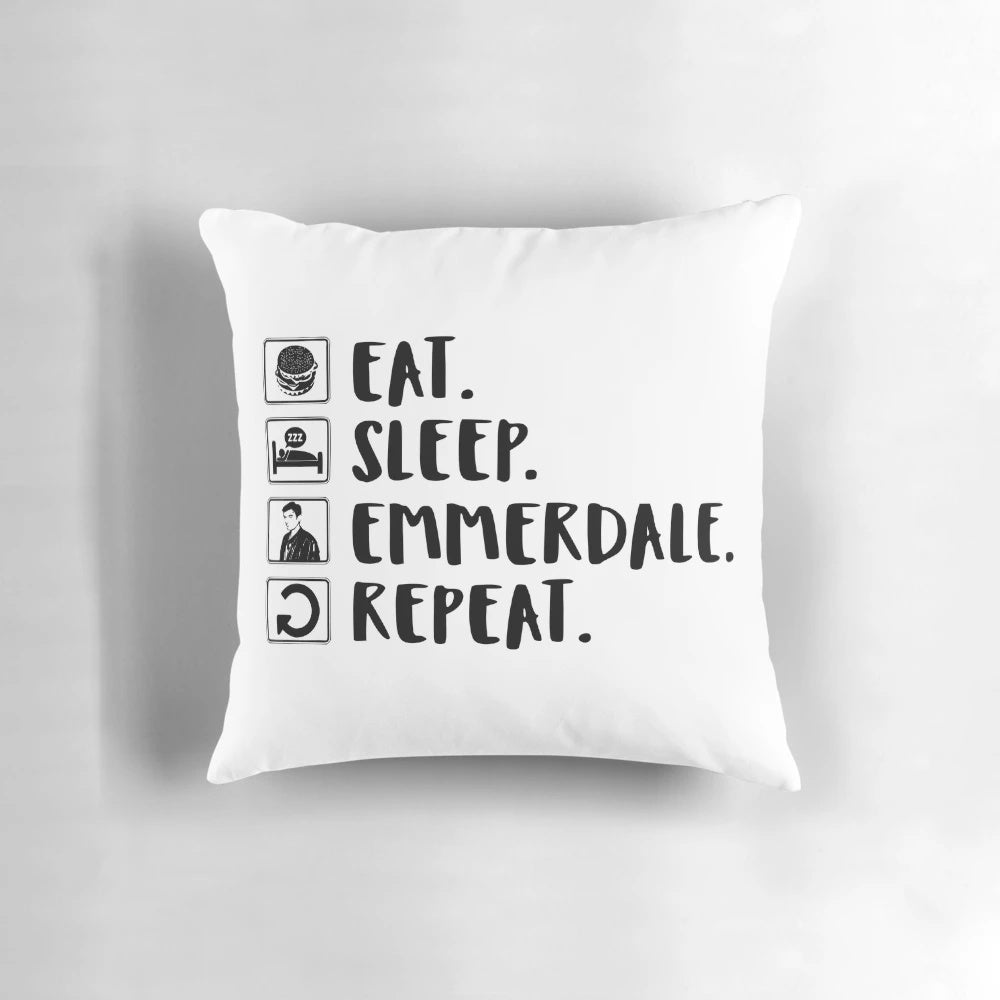 Emmerdale-themed throw pillow with "Eat. Sleep. Emmerdale. Repeat." design