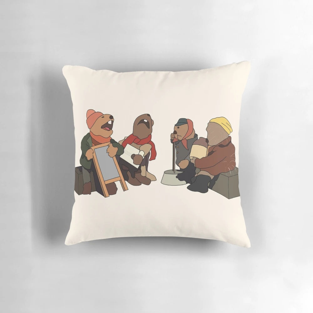 Emmet Otter's Jug Band Christmas Pillow featuring the beloved Muppet characters