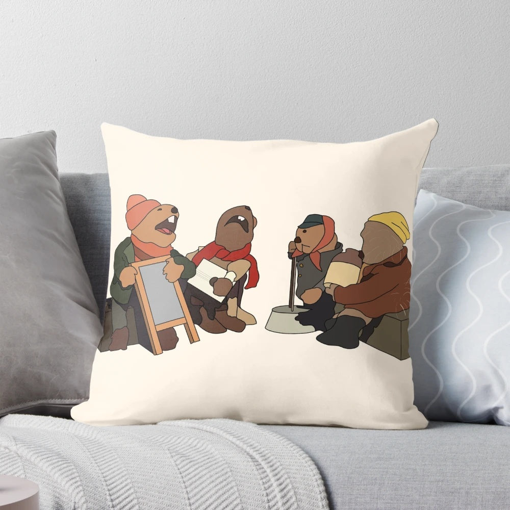 Emmet Otter's Jug Band Christmas Pillow featuring the beloved Muppet characters