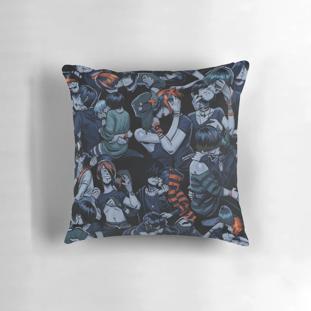 Emo boys kissing on a black and white pillow, a unique alternative home decor item.