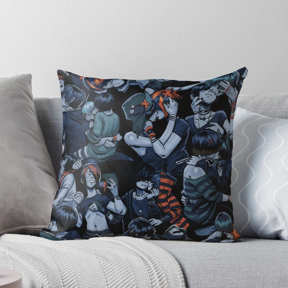 Emo boys kissing on a black and white pillow, a unique alternative home decor item.
