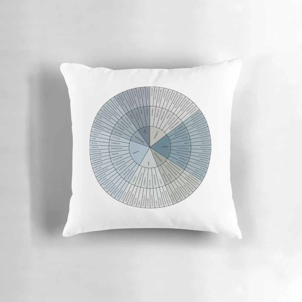 Emotion and Feelings Wheel Pillow - a mental health therapy tool with ocean blue and black colors on a white background