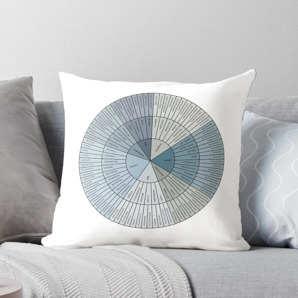 Emotion and Feelings Wheel Pillow - a mental health therapy tool with ocean blue and black colors on a white background