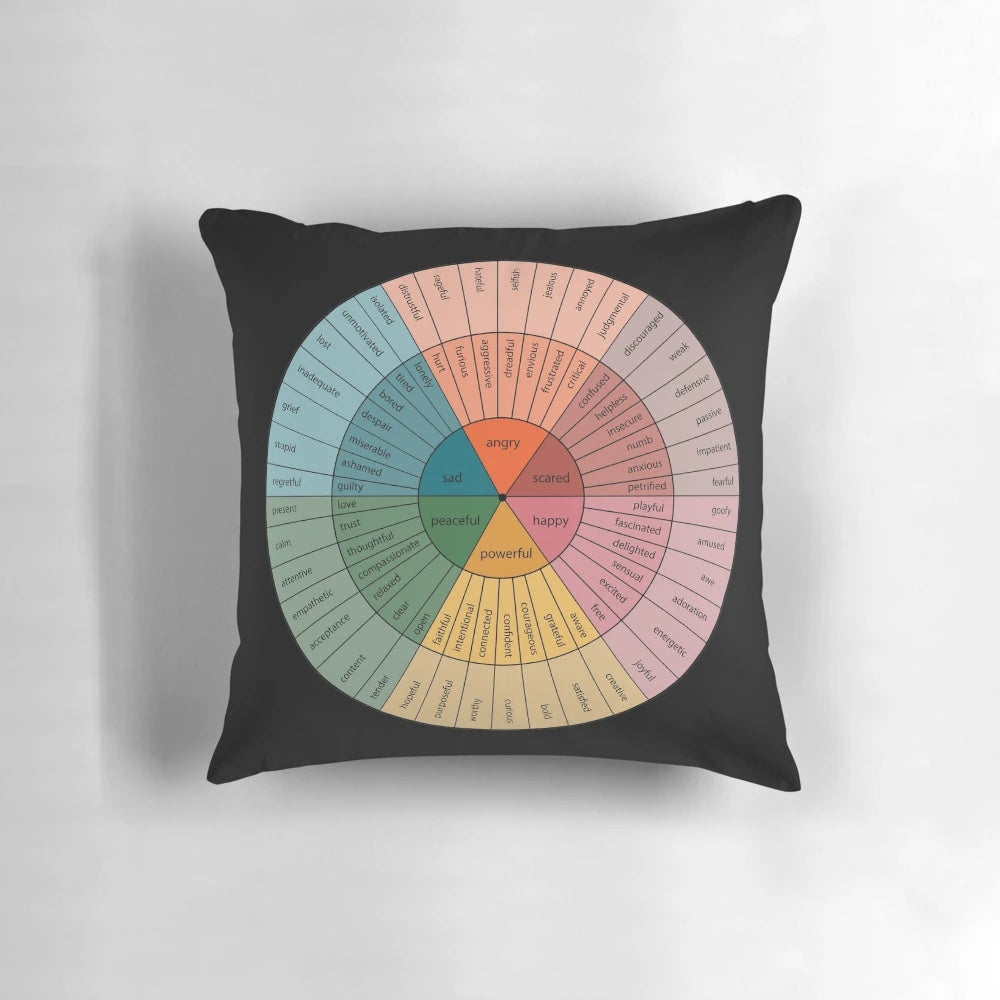Emotion Wheel Psychology Design Pillow, featuring a colorful psychology design for mental health awareness.