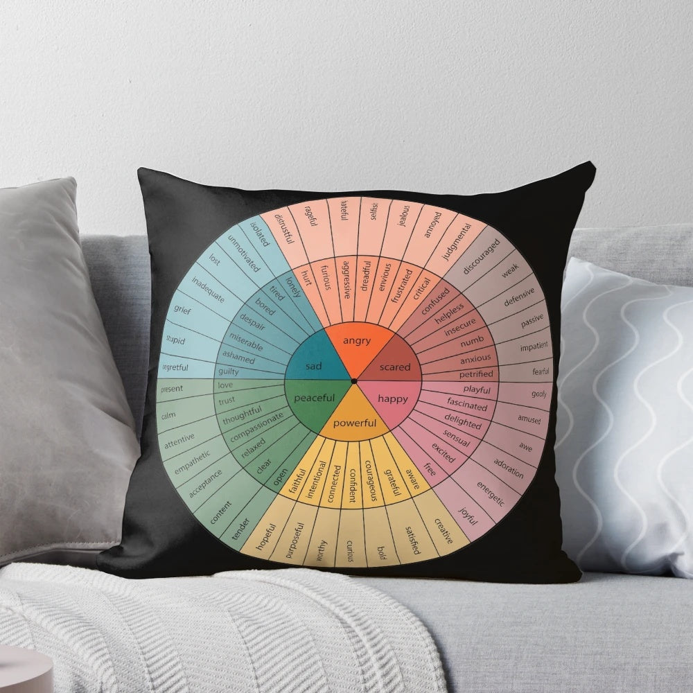 Emotion Wheel Psychology Design Pillow, featuring a colorful psychology design for mental health awareness.