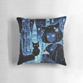 A thought-provoking pillow design featuring a symbolic cityscape, blue hues, and a captivating black cat, representing the complexities of modern relationships and the vulnerability of trust.