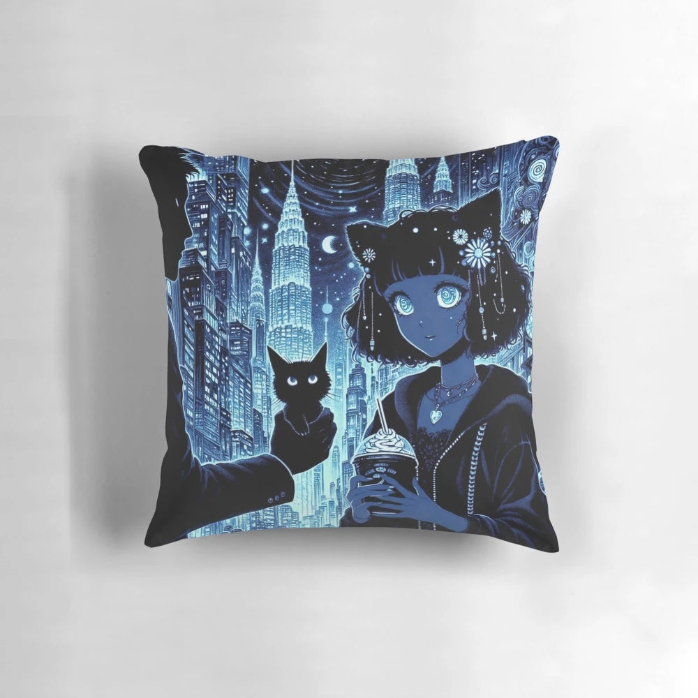 A thought-provoking pillow design featuring a symbolic cityscape, blue hues, and a captivating black cat, representing the complexities of modern relationships and the vulnerability of trust.