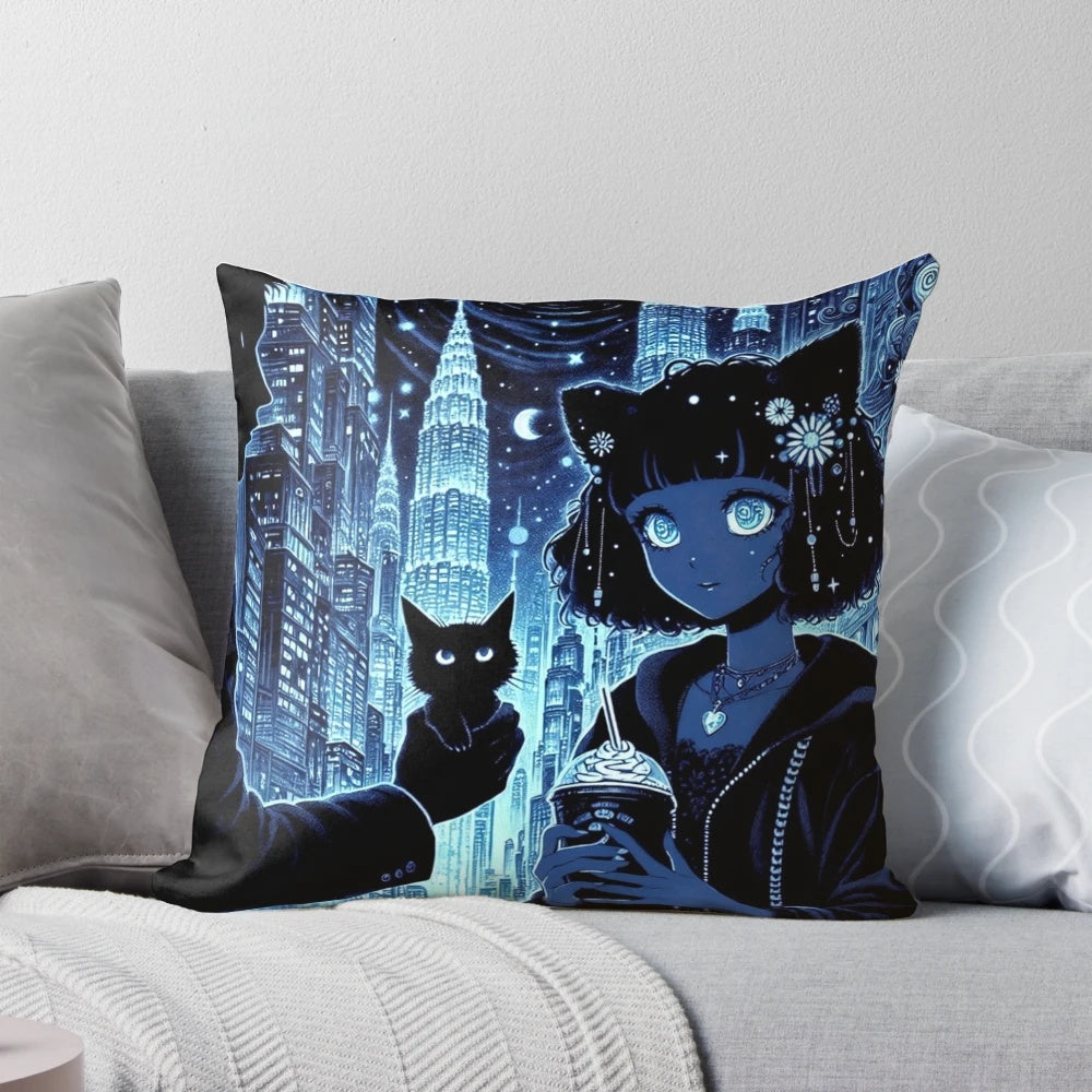 A thought-provoking pillow design featuring a symbolic cityscape, blue hues, and a captivating black cat, representing the complexities of modern relationships and the vulnerability of trust.