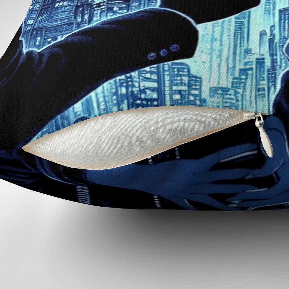 A thought-provoking pillow design featuring a symbolic cityscape, blue hues, and a captivating black cat, representing the complexities of modern relationships and the vulnerability of trust.