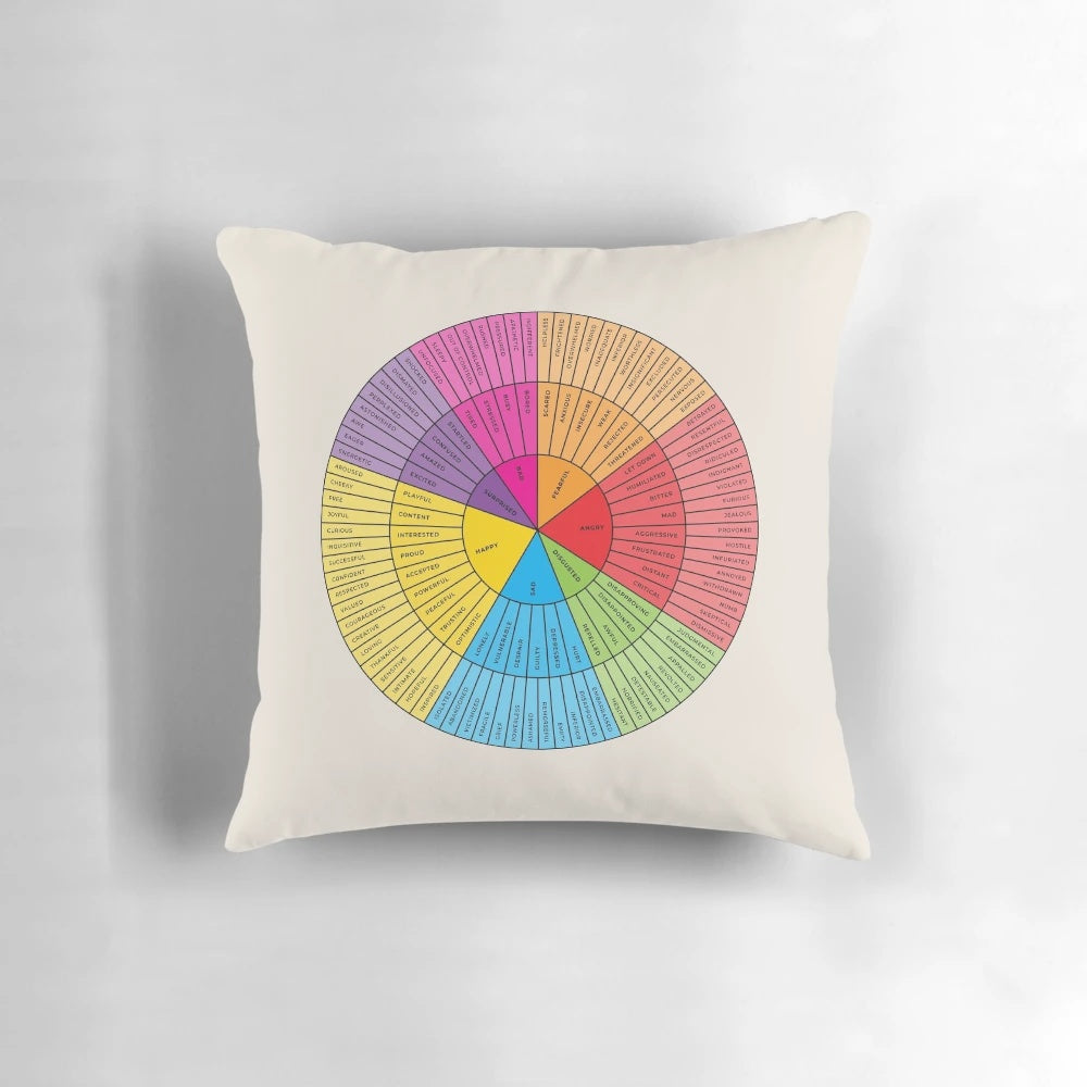 Emotions and Feelings Wheel Pillow in Rainbow and Black Colors on Sand Background