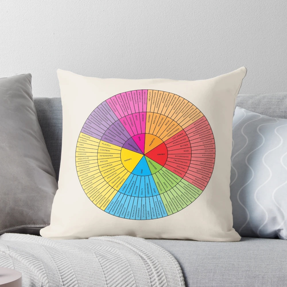 Emotions and Feelings Wheel Pillow in Rainbow and Black Colors on Sand Background