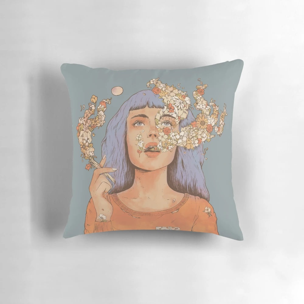 Artistic surreal portrait pillow with moon and floral elements