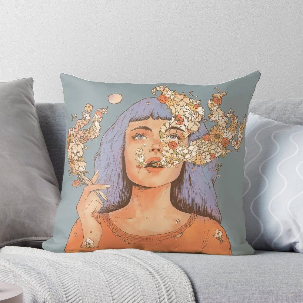 Artistic surreal portrait pillow with moon and floral elements
