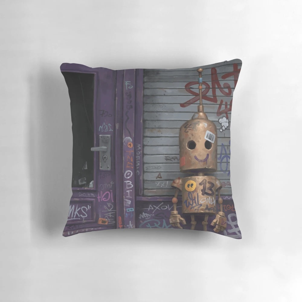 Soft, plush robot pillow with empathetic design for urban living