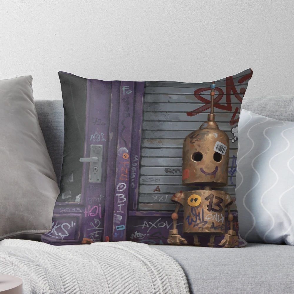 Soft, plush robot pillow with empathetic design for urban living