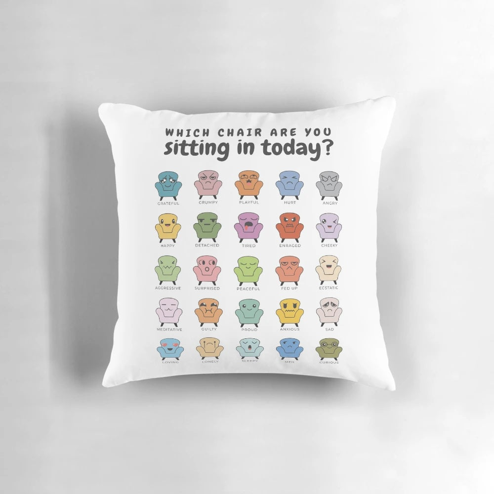 A soft, cozy pillow featuring a "Chair Feelings" design, perfect for therapy offices, counseling spaces, and mental health support.