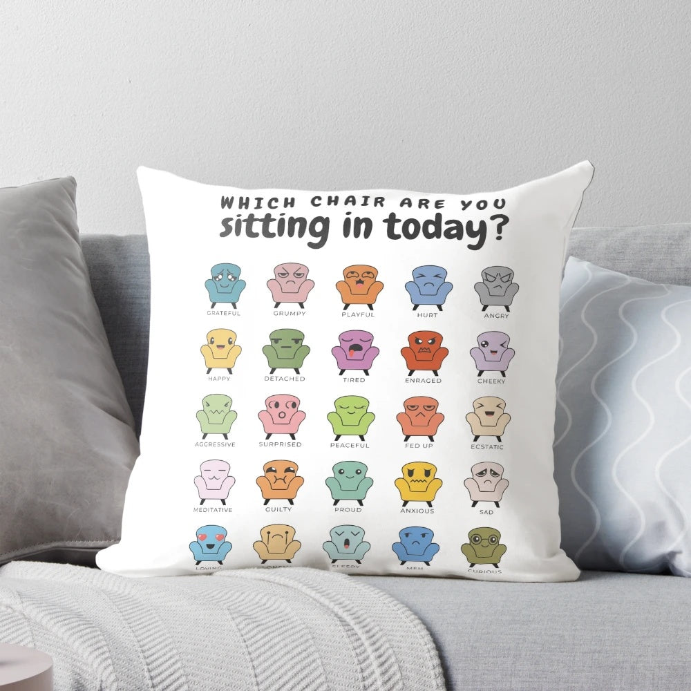 A soft, cozy pillow featuring a "Chair Feelings" design, perfect for therapy offices, counseling spaces, and mental health support.