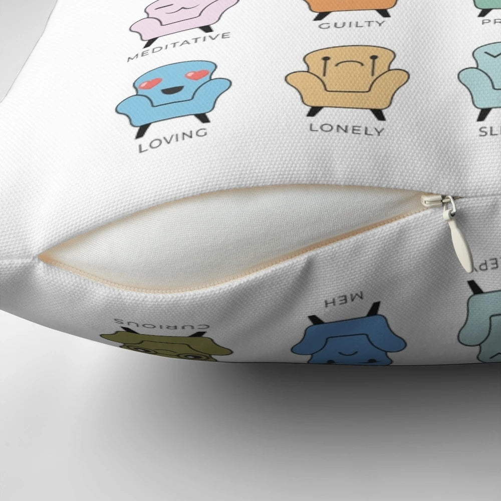 A soft, cozy pillow featuring a "Chair Feelings" design, perfect for therapy offices, counseling spaces, and mental health support.
