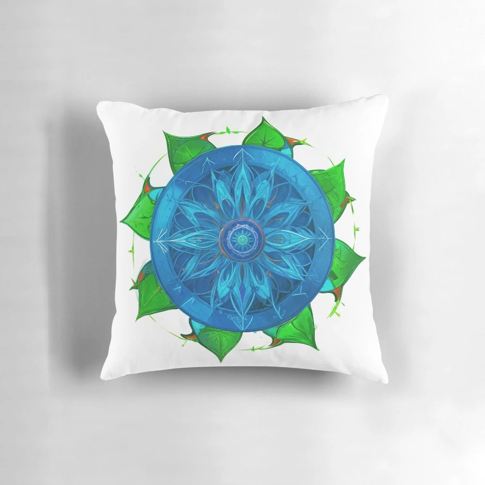 A vibrant, symmetrical mandala design with magical sigils on a pillow, promoting athletic energy and performance.
