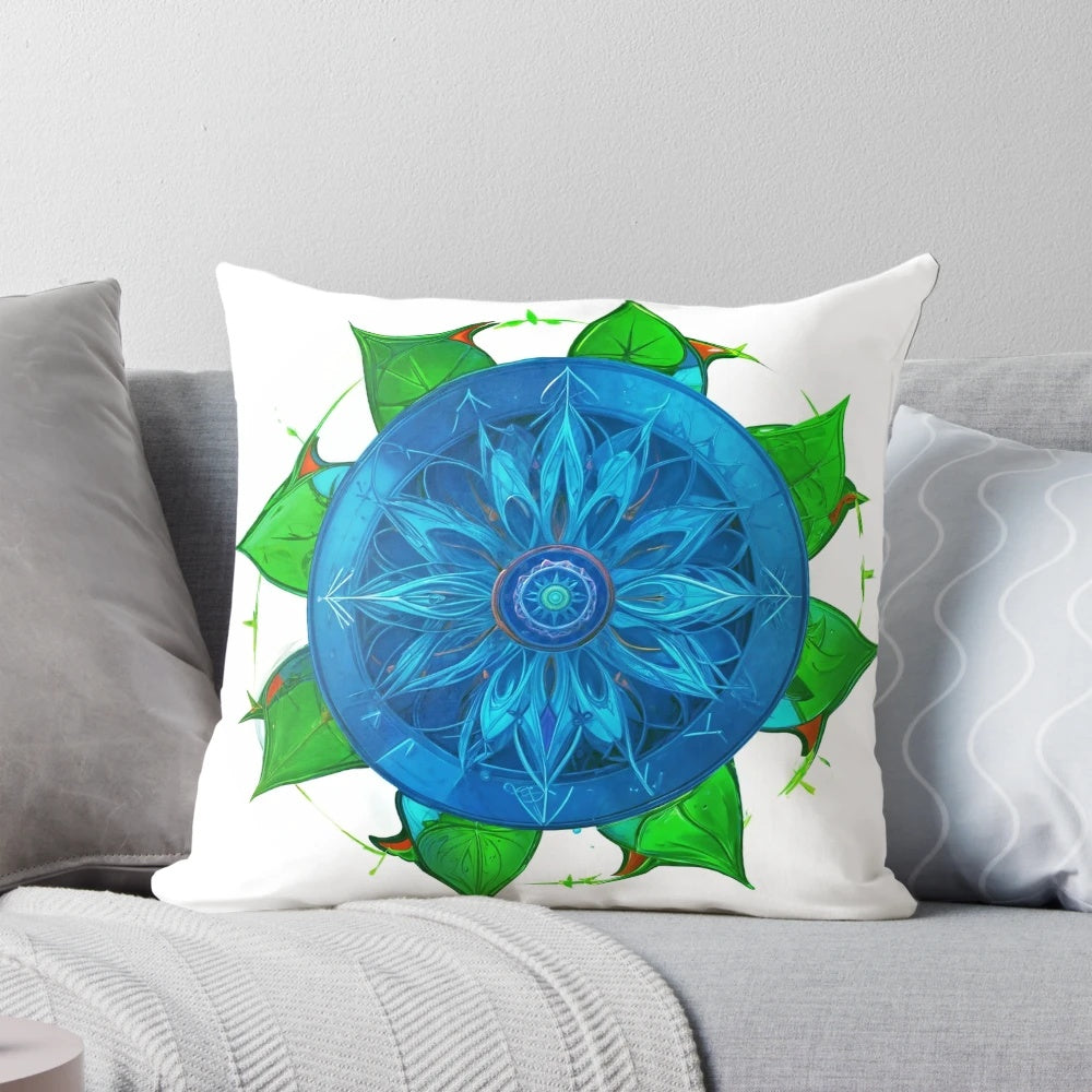 A vibrant, symmetrical mandala design with magical sigils on a pillow, promoting athletic energy and performance.