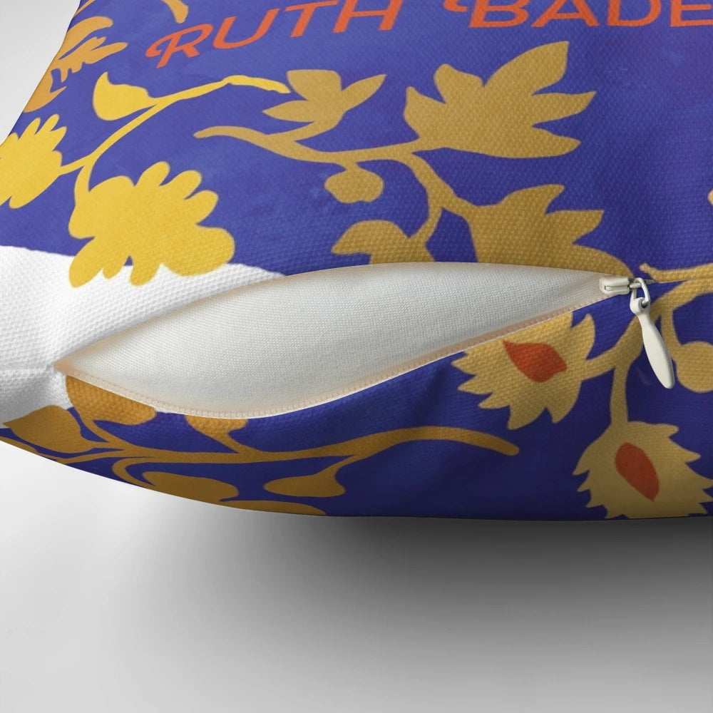 Ruth Bader Ginsburg feminist pillow with floral design and inspirational quote