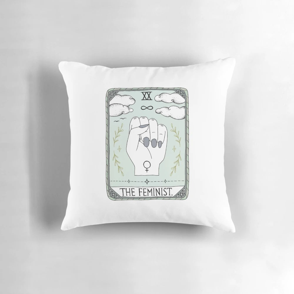 Decorative pillow featuring feminist symbols and empowering design