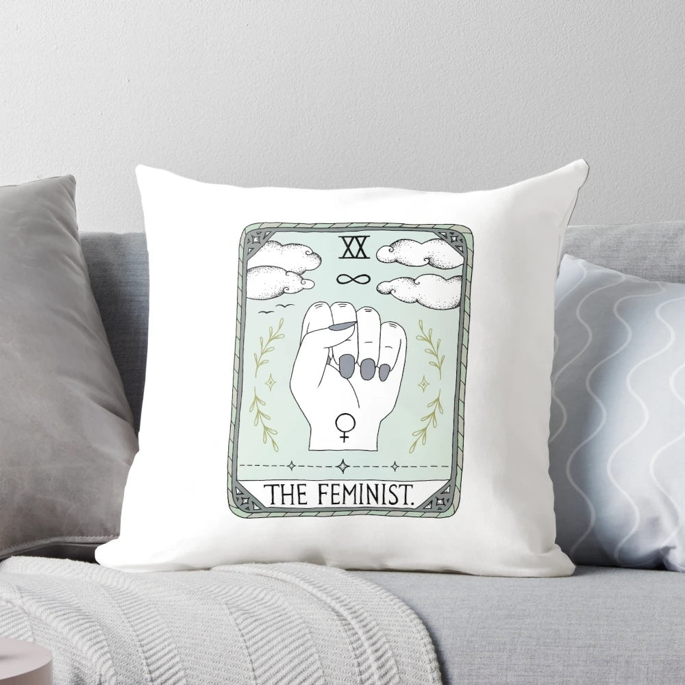 Decorative pillow featuring feminist symbols and empowering design