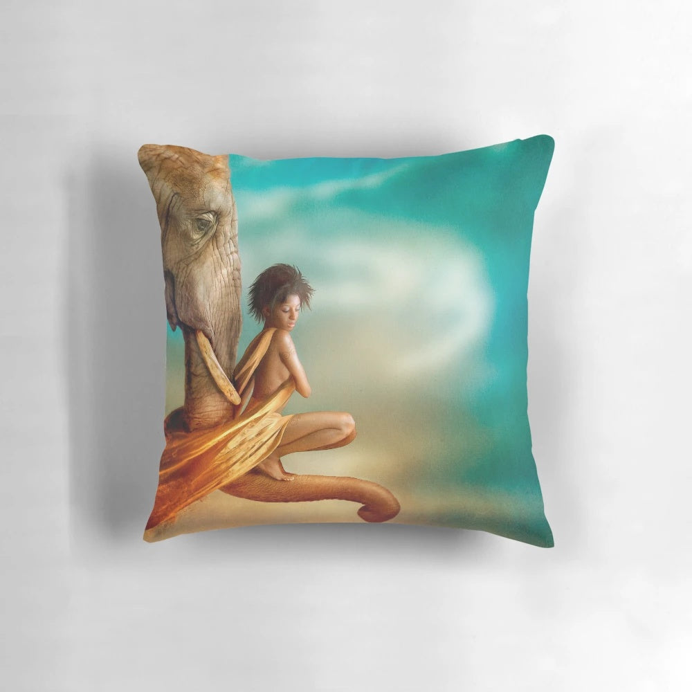 Decorative pillow featuring a woman embracing an African elephant, symbolizing trust and balance.