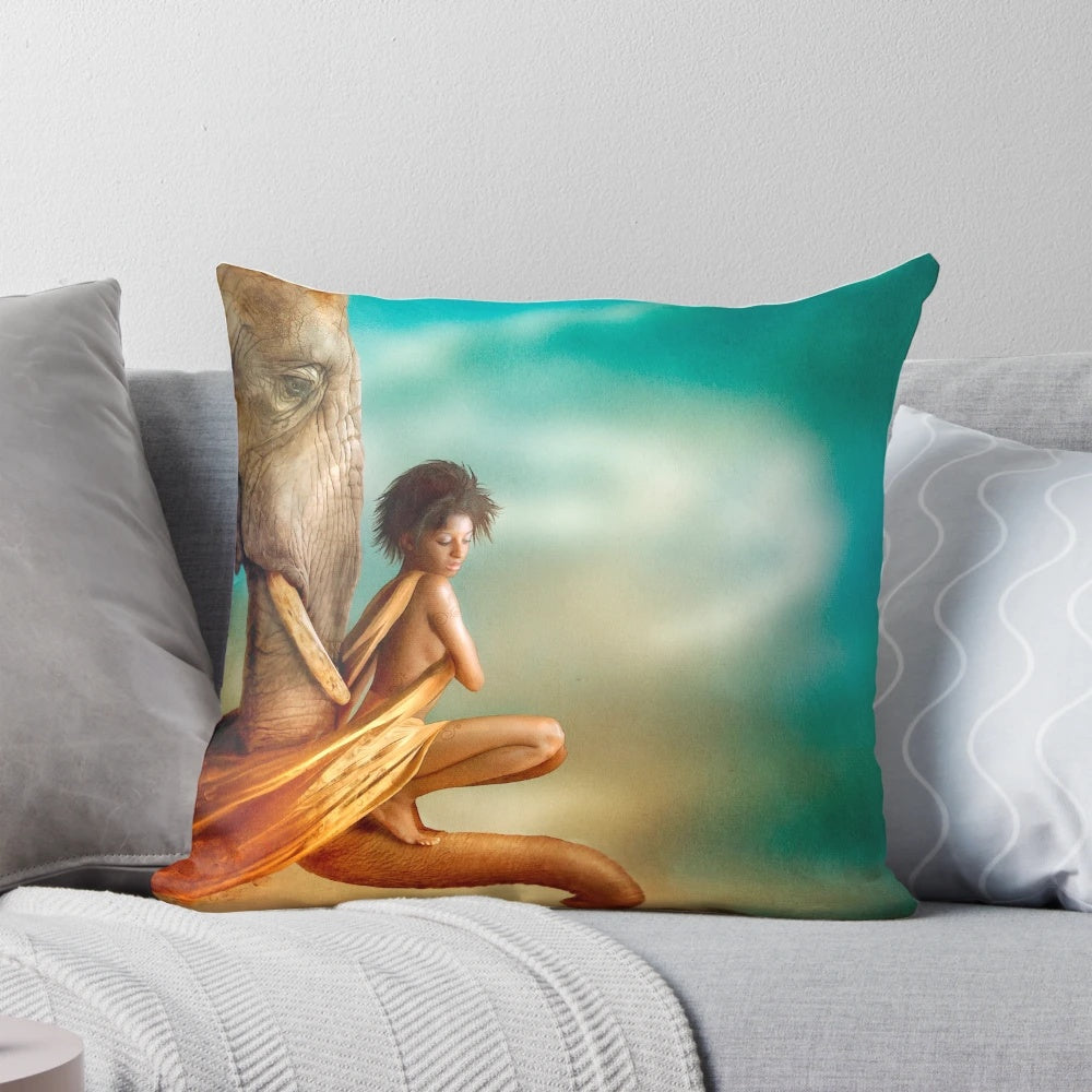 Decorative pillow featuring a woman embracing an African elephant, symbolizing trust and balance.