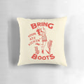 Decorative throw pillow featuring a retro-style illustration of a confident, gun-toting cowgirl