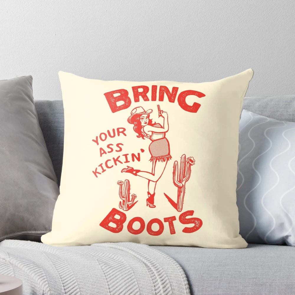 Decorative throw pillow featuring a retro-style illustration of a confident, gun-toting cowgirl