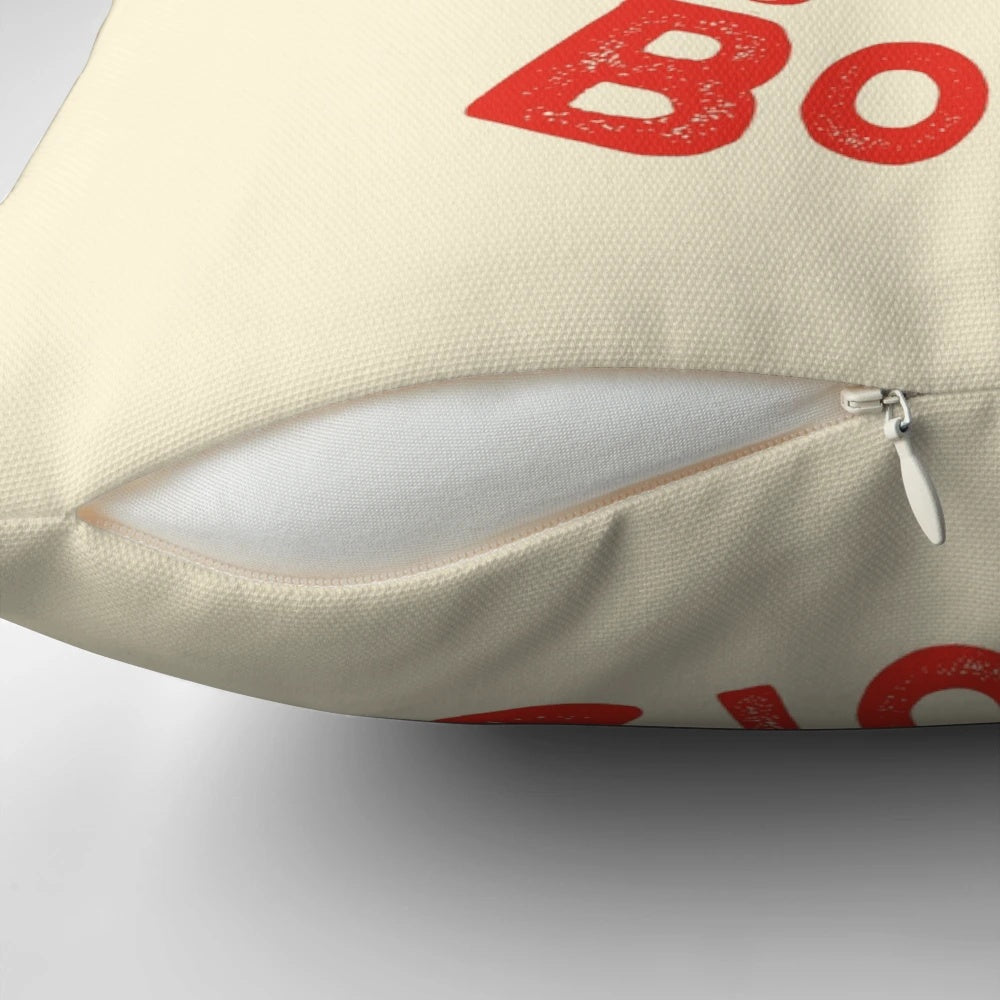 Decorative throw pillow featuring a retro-style illustration of a confident, gun-toting cowgirl