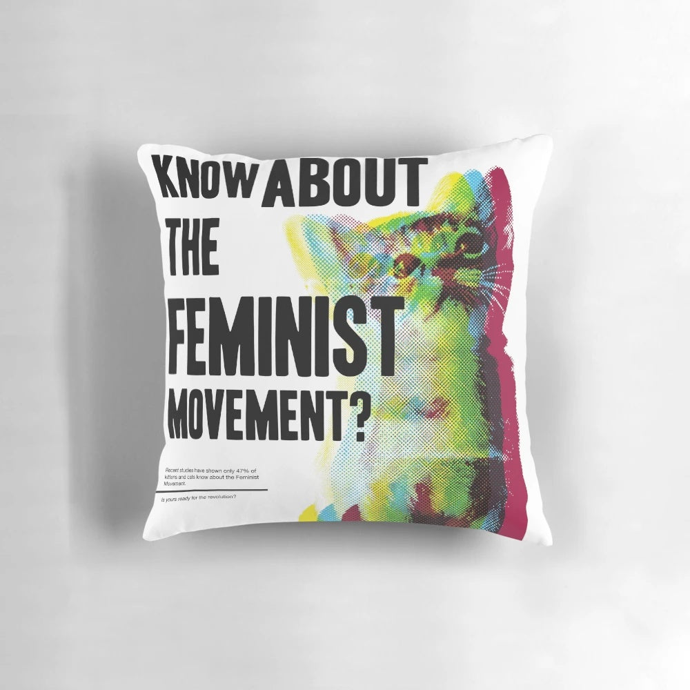 Colorful minimalist pillow featuring a cat with a feminist message, perfect for the cat-loving feminist.
