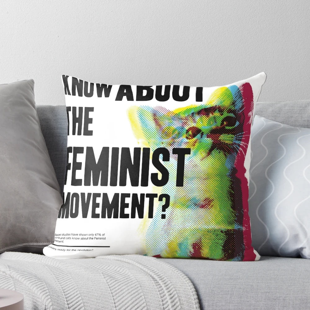 Colorful minimalist pillow featuring a cat with a feminist message, perfect for the cat-loving feminist.