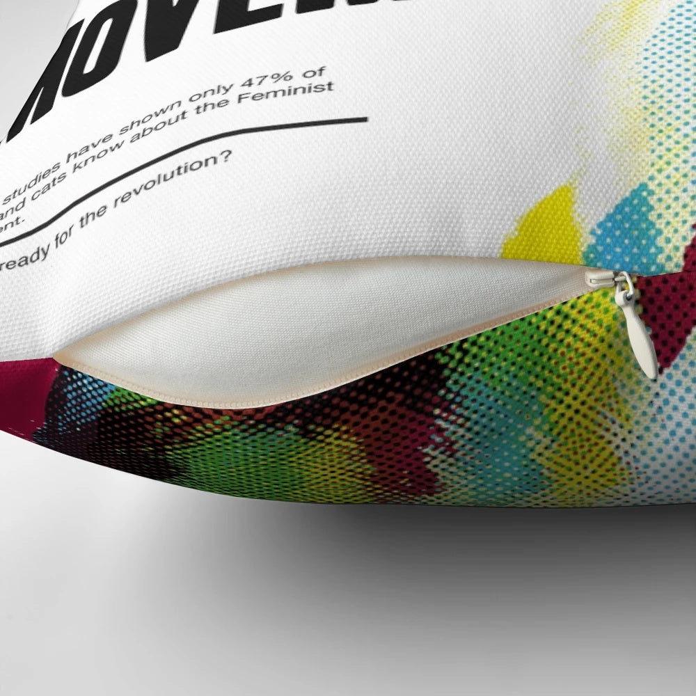 Colorful minimalist pillow featuring a cat with a feminist message, perfect for the cat-loving feminist.